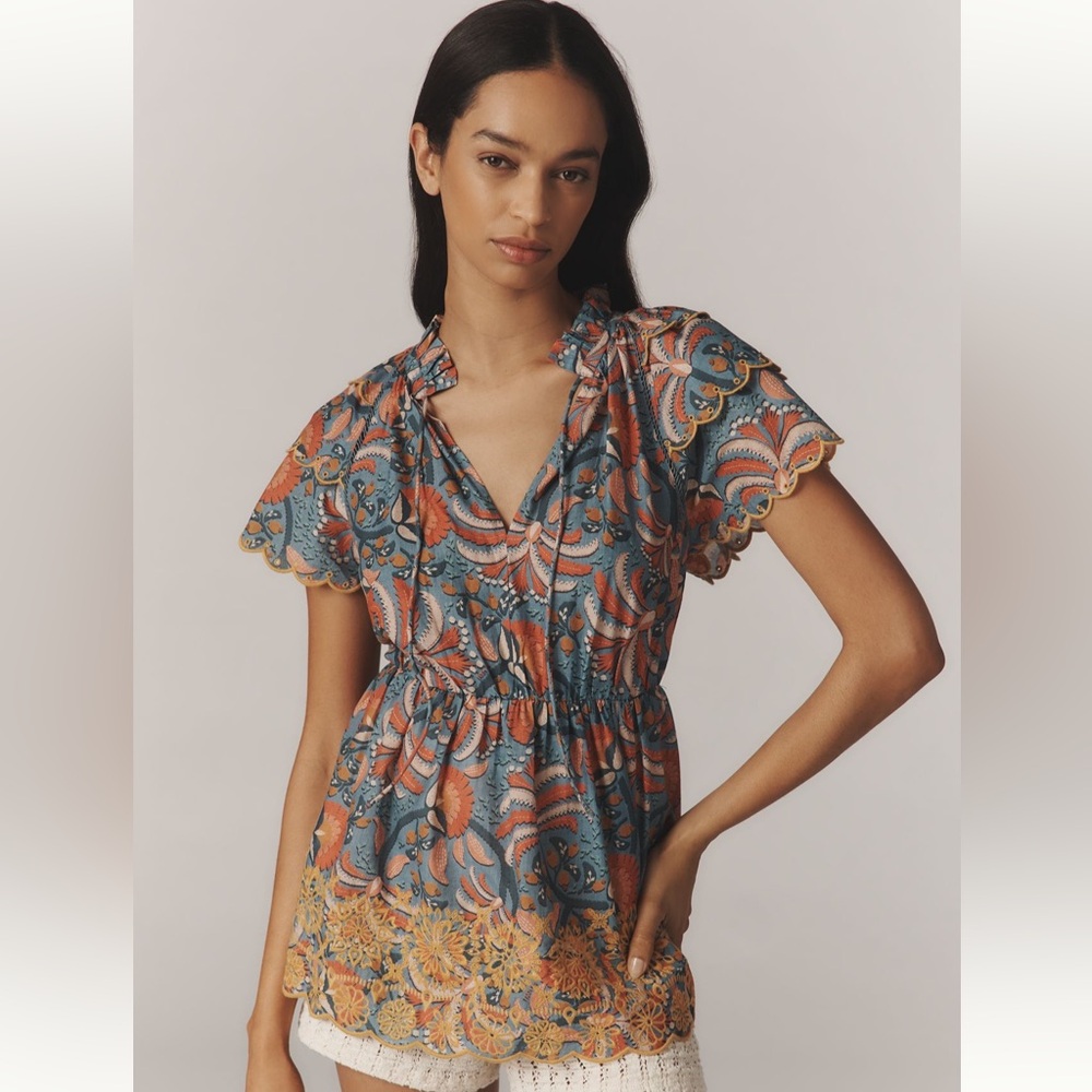 Farm Rio x Anthropologie Printed Richelieu High-Neck Short-Sleeve Ruffle Blouse